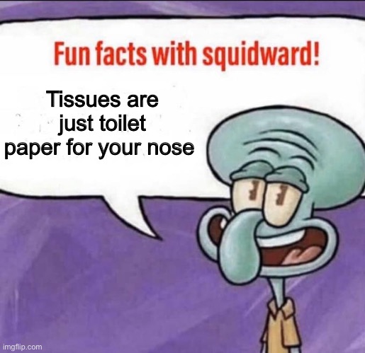Another sad but true fact | Tissues are just toilet paper for your nose | image tagged in fun facts with squidward,facts,true,xd | made w/ Imgflip meme maker