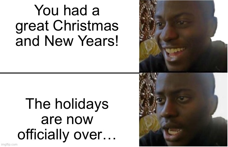 Disappointed Black Guy |  You had a great Christmas and New Years! The holidays are now officially over… | image tagged in disappointed black guy | made w/ Imgflip meme maker