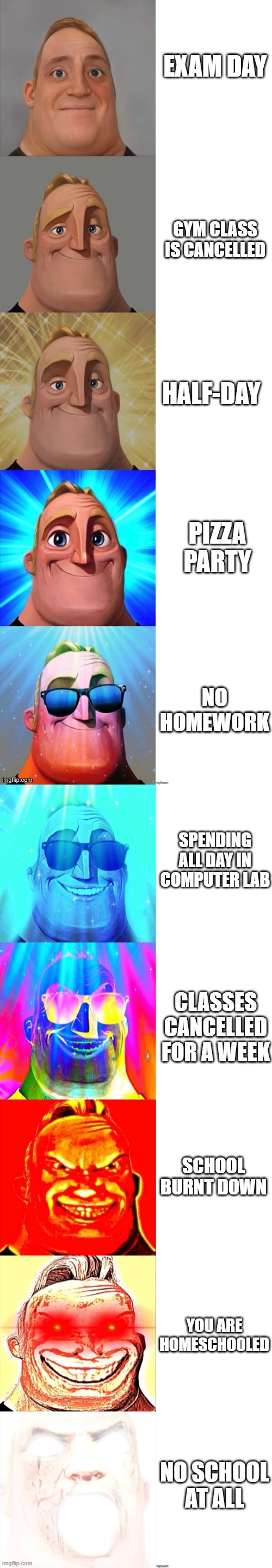 Mr Incredible Becoming Canny | EXAM DAY; GYM CLASS IS CANCELLED; HALF-DAY; PIZZA PARTY; NO HOMEWORK; SPENDING ALL DAY IN COMPUTER LAB; CLASSES CANCELLED FOR A WEEK; SCHOOL BURNT DOWN; YOU ARE HOMESCHOOLED; NO SCHOOL AT ALL | image tagged in mr incredible becoming canny | made w/ Imgflip meme maker