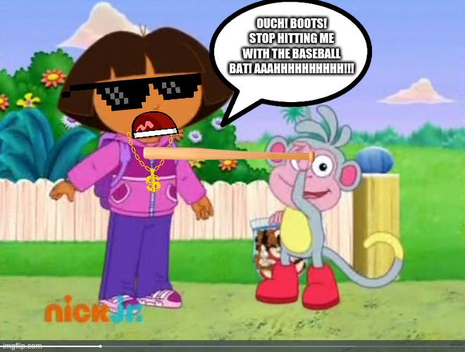 Boots Hitting Dora With A Baseball Bat | OUCH! BOOTS! STOP HITTING ME WITH THE BASEBALL BAT! AAAHHHHHHHHHH!!! | image tagged in boots pointing,dora the explorer,roblox piggy,granny,piggy | made w/ Imgflip meme maker