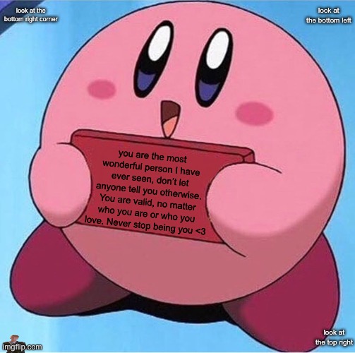 :) | look at the bottom right corner; look at the bottom left; you are the most wonderful person I have ever seen, don’t let anyone tell you otherwise. You are valid, no matter who you are or who you love. Never stop being you <3; look at the top right | image tagged in kirby holding a sign | made w/ Imgflip meme maker