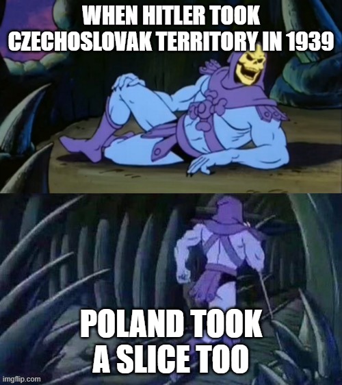 WW2 had a lot of grey areas | WHEN HITLER TOOK CZECHOSLOVAK TERRITORY IN 1939; POLAND TOOK A SLICE TOO | image tagged in skeletor disturbing facts,memes | made w/ Imgflip meme maker