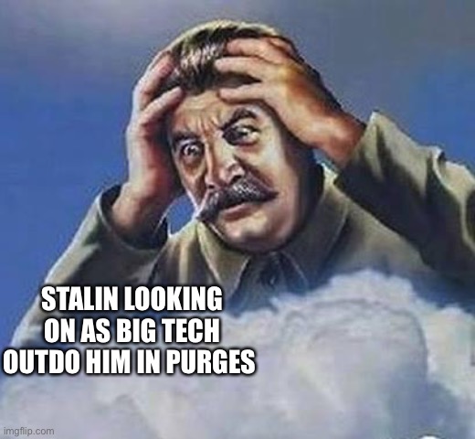 Purging | STALIN LOOKING ON AS BIG TECH OUTDO HIM IN PURGES | image tagged in worrying stalin | made w/ Imgflip meme maker