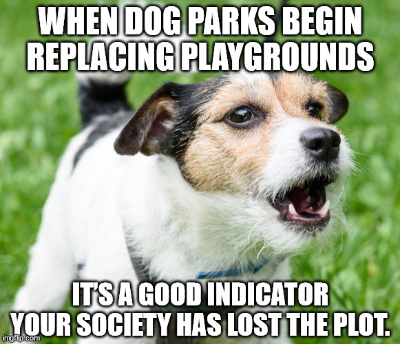 “When dog parks begin replacing playgrounds, it’s a good indicator your society has lost the plot.” | WHEN DOG PARKS BEGIN REPLACING PLAYGROUNDS; IT’S A GOOD INDICATOR YOUR SOCIETY HAS LOST THE PLOT. | image tagged in dog barking in park,dog park,playgrounds | made w/ Imgflip meme maker