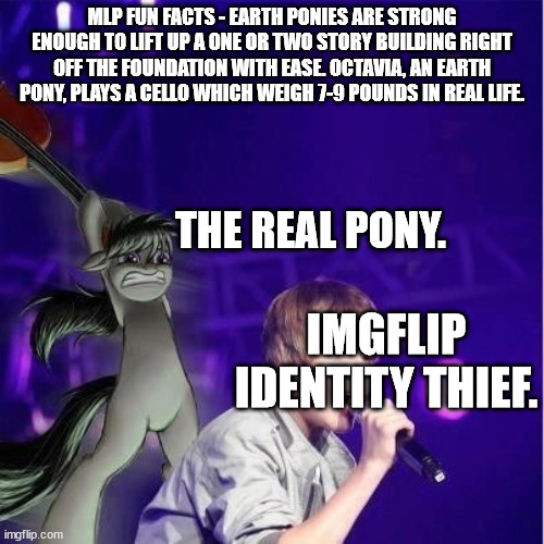 My Little Pony - The More You Know! | MLP FUN FACTS - EARTH PONIES ARE STRONG ENOUGH TO LIFT UP A ONE OR TWO STORY BUILDING RIGHT OFF THE FOUNDATION WITH EASE. OCTAVIA, AN EARTH PONY, PLAYS A CELLO WHICH WEIGH 7-9 POUNDS IN REAL LIFE. THE REAL PONY. IMGFLIP IDENTITY THIEF. | image tagged in octavia/bieber | made w/ Imgflip meme maker