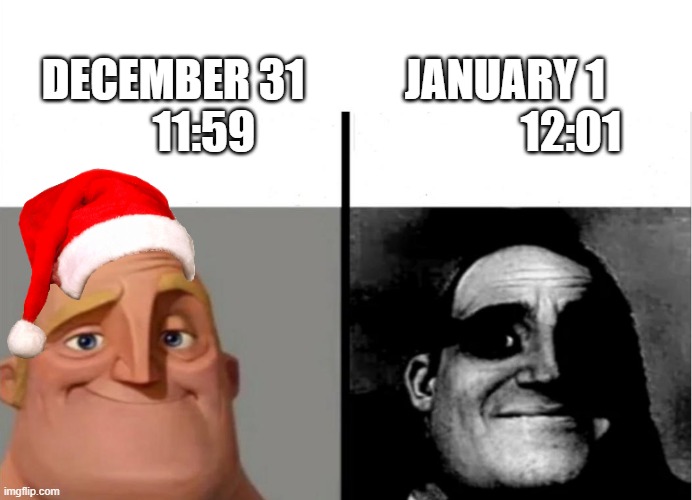 new year be like | JANUARY 1                12:01; DECEMBER 31        11:59 | image tagged in teacher's copy,fun | made w/ Imgflip meme maker