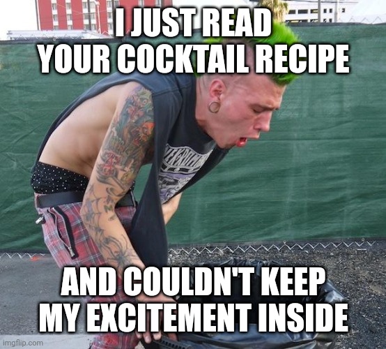 Cocktail recipe assessment by a punk mixologist | I JUST READ YOUR COCKTAIL RECIPE; AND COULDN'T KEEP MY EXCITEMENT INSIDE | image tagged in puking punk,cocktail,bartender | made w/ Imgflip meme maker