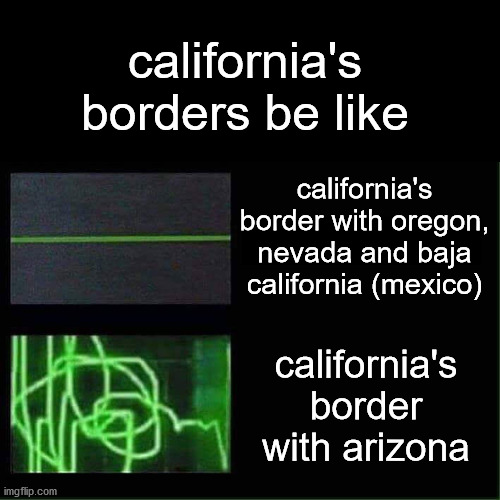 california be like | california's borders be like; california's border with oregon, nevada and baja california (mexico); california's border with arizona | image tagged in heart beat meme,california | made w/ Imgflip meme maker