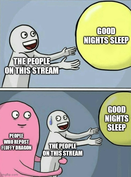 Running Away Balloon | GOOD NIGHTS SLEEP; THE PEOPLE ON THIS STREAM; GOOD NIGHTS SLEEP; PEOPLE WHO REPOST FLUFFY DRAGON; THE PEOPLE ON THIS STREAM | image tagged in memes,running away balloon | made w/ Imgflip meme maker