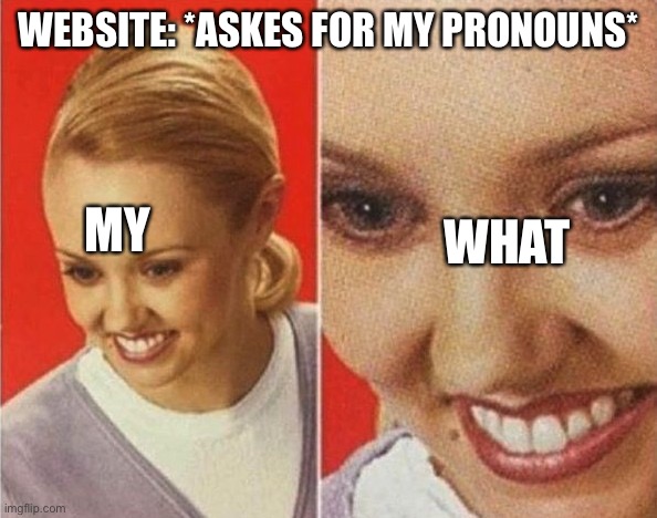 one of the first times i started questioning my gender identity was when google asked for my pronouns??? | WEBSITE: *ASKES FOR MY PRONOUNS*; MY; WHAT | image tagged in the what | made w/ Imgflip meme maker
