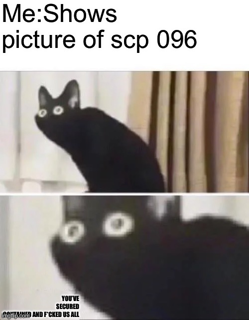 Scp | Me:Shows picture of scp 096; YOU’VE SECURED CONTAINED AND F*CKED US ALL | image tagged in oh no black cat | made w/ Imgflip meme maker