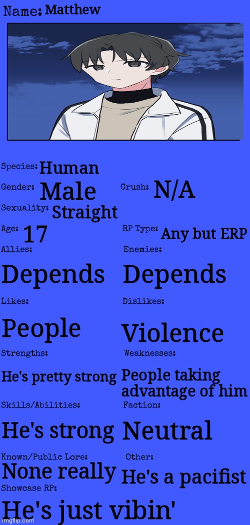 New OC showcase for RP stream | Matthew; Human; N/A; Male; Straight; 17; Any but ERP; Depends; Depends; People; Violence; He's pretty strong; People taking advantage of him; Neutral; He's strong; None really; He's a pacifist; He's just vibin' | image tagged in new oc showcase for rp stream | made w/ Imgflip meme maker