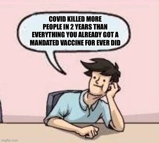 Boardroom Suggestion Guy | COVID KILLED MORE PEOPLE IN 2 YEARS THAN EVERYTHING YOU ALREADY GOT A MANDATED VACCINE FOR EVER DID | image tagged in boardroom suggestion guy | made w/ Imgflip meme maker