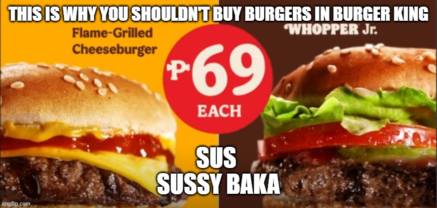Do Not Buy Burgers at Burger King | THIS IS WHY YOU SHOULDN'T BUY BURGERS IN BURGER KING; SUS 
SUSSY BAKA | image tagged in sus,sussy,sussy baka,fun,burger king | made w/ Imgflip meme maker
