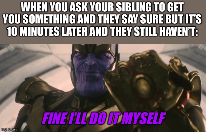 “I said I’d get it!!!” “Yeah that was an hour ago.” |  WHEN YOU ASK YOUR SIBLING TO GET YOU SOMETHING AND THEY SAY SURE BUT IT’S 10 MINUTES LATER AND THEY STILL HAVEN’T:; FINE I’LL DO IT MYSELF | image tagged in fine i'll do it myself,siblings,thanos | made w/ Imgflip meme maker