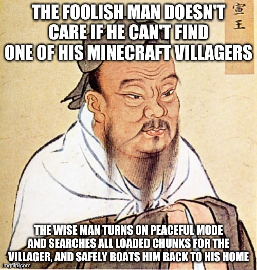 Take care of your villagers. | THE FOOLISH MAN DOESN'T CARE IF HE CAN'T FIND ONE OF HIS MINECRAFT VILLAGERS; THE WISE MAN TURNS ON PEACEFUL MODE AND SEARCHES ALL LOADED CHUNKS FOR THE VILLAGER, AND SAFELY BOATS HIM BACK TO HIS HOME | image tagged in confucius says,minecraft | made w/ Imgflip meme maker
