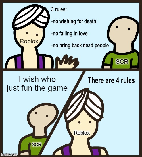 Roblox who just in a game | Roblox; SCR; I wish who just fun the game; Roblox; SCR | image tagged in genie rules meme,memes | made w/ Imgflip meme maker