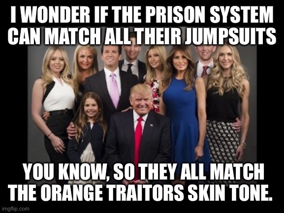 Donald Trump Family Photo | I WONDER IF THE PRISON SYSTEM CAN MATCH ALL THEIR JUMPSUITS; YOU KNOW, SO THEY ALL MATCH THE ORANGE TRAITORS SKIN TONE. | image tagged in donald trump family photo | made w/ Imgflip meme maker