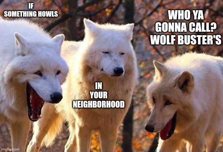 Laughing wolf | IF SOMETHING HOWLS; WHO YA GONNA CALL? WOLF BUSTER'S; IN YOUR NEIGHBORHOOD | image tagged in laughing wolf | made w/ Imgflip meme maker