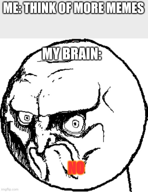 NO | ME: THINK OF MORE MEMES; MY BRAIN:; NO | image tagged in no | made w/ Imgflip meme maker