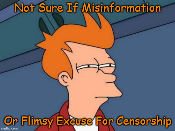 "Misinformation" | Not Sure If Misinformation; Or Flimsy Excuse For Censorship | image tagged in political memes,futurama fry,misinformation,censorship,leftists,propaganda | made w/ Imgflip meme maker