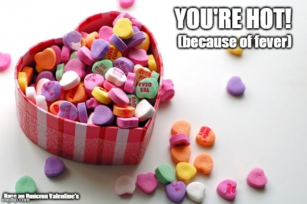 Have an Omicron Valentine's | YOU'RE HOT! (because of fever); Have an Omicron Valentine's | image tagged in valentine conversation hearts,valentine's day,omicron,pun | made w/ Imgflip meme maker