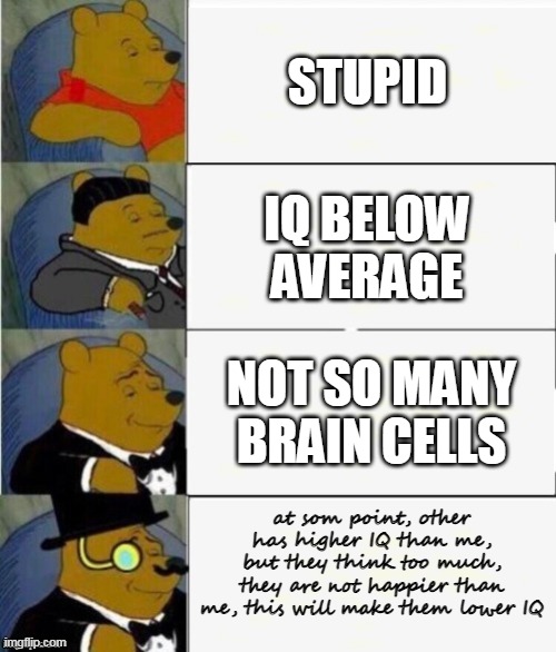 *untitled image* |  STUPID; IQ BELOW AVERAGE; NOT SO MANY BRAIN CELLS; at som point, other has higher IQ than me, but they think too much, they are not happier than me, this will make them lower IQ | image tagged in tuxedo winnie the pooh 4 panel | made w/ Imgflip meme maker