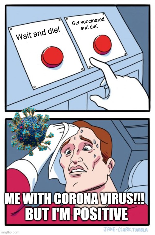 Two Buttons Meme | Get vaccinated and die! Wait and die! ME WITH CORONA VIRUS!!! BUT I'M POSITIVE | image tagged in memes,two buttons | made w/ Imgflip meme maker