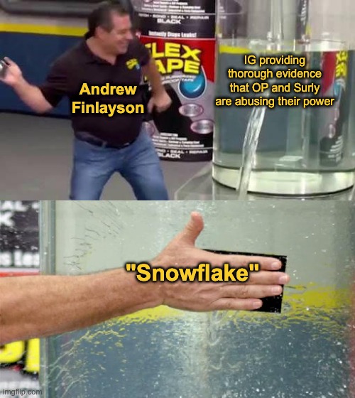 great comeback Buddy Boy | IG providing thorough evidence that OP and Surly are abusing their power; Andrew Finlayson; "Snowflake" | image tagged in flex tape,memes,unfunny | made w/ Imgflip meme maker