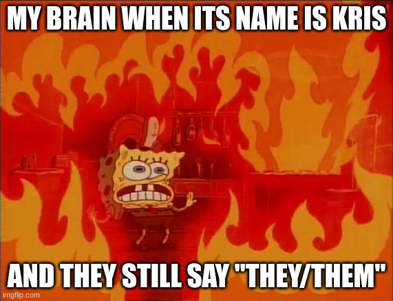 Deltarune | MY BRAIN WHEN ITS NAME IS KRIS; AND THEY STILL SAY "THEY/THEM" | image tagged in burning spongebob | made w/ Imgflip meme maker