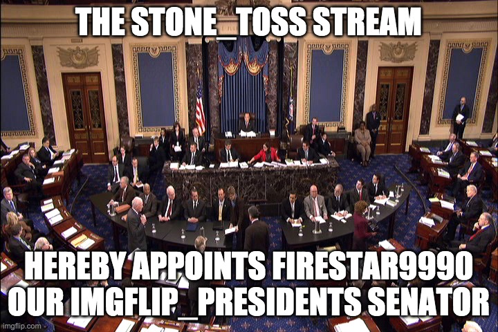 Senate floor | THE STONE_TOSS STREAM; HEREBY APPOINTS FIRESTAR9990 OUR IMGFLIP_PRESIDENTS SENATOR | image tagged in senate floor | made w/ Imgflip meme maker