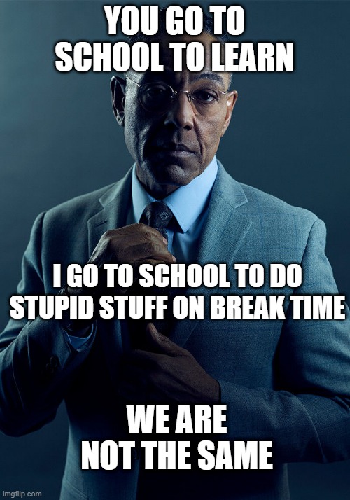 hnifdieri3nedn i dont know what to sya x3idshjweibfdjksdnejrwes | YOU GO TO SCHOOL TO LEARN; I GO TO SCHOOL TO DO STUPID STUFF ON BREAK TIME; WE ARE NOT THE SAME | image tagged in gus fring we are not the same | made w/ Imgflip meme maker