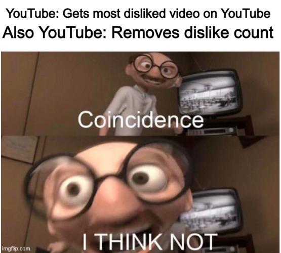 coincidence, i think not | YouTube: Gets most disliked video on YouTube; Also YouTube: Removes dislike count | image tagged in coincidence i think not,youtube,memes,dislike | made w/ Imgflip meme maker