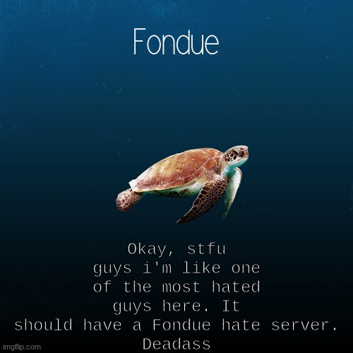 turtle template-Fondue | Okay, stfu guys i'm like one of the most hated guys here. It should have a Fondue hate server.
Deadass | image tagged in turtle template-fondue | made w/ Imgflip meme maker