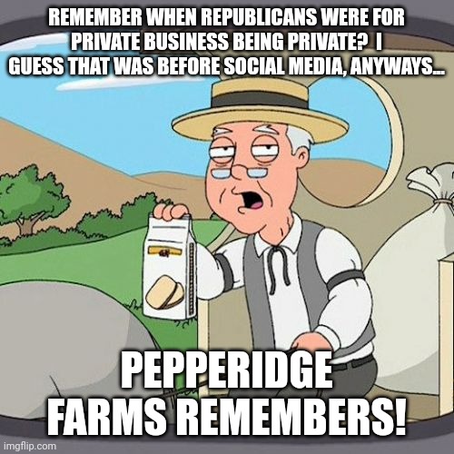 Hold them accountable for running their own business!!!  Haha!  Grasping at perceived power!!! | REMEMBER WHEN REPUBLICANS WERE FOR PRIVATE BUSINESS BEING PRIVATE?  I GUESS THAT WAS BEFORE SOCIAL MEDIA, ANYWAYS... PEPPERIDGE FARMS REMEMBERS! | image tagged in memes,pepperidge farm remembers | made w/ Imgflip meme maker