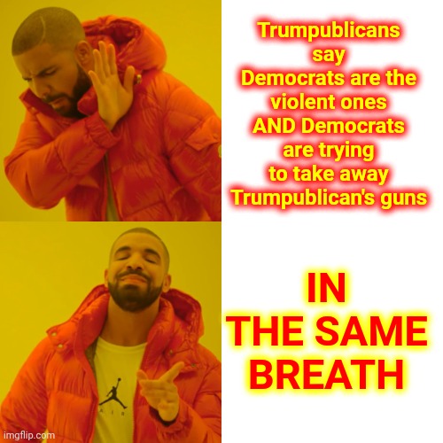 You Can't Expect Terrorists To Comprehend Their Own Hypocrisy | Trumpublicans say Democrats are the violent ones AND Democrats are trying to take away Trumpublican's guns; IN THE SAME BREATH | image tagged in memes,drake hotline bling,trumpublican terrorists,hypocrites,liars,losers | made w/ Imgflip meme maker