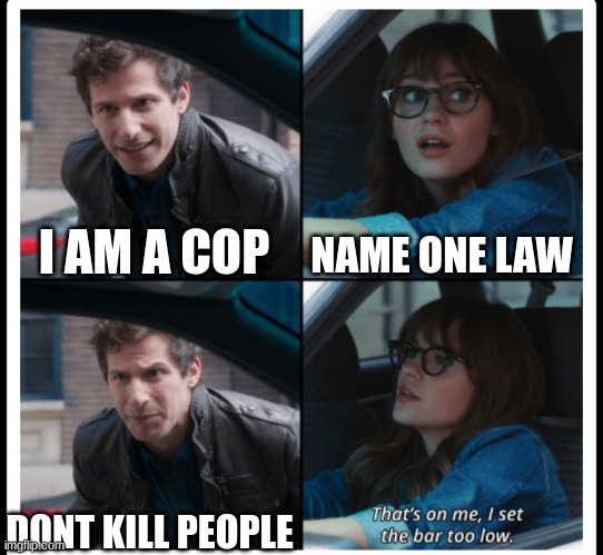Brooklyn 99 Set the bar too low |  NAME ONE LAW; I AM A COP; DONT KILL PEOPLE | image tagged in brooklyn 99 set the bar too low | made w/ Imgflip meme maker