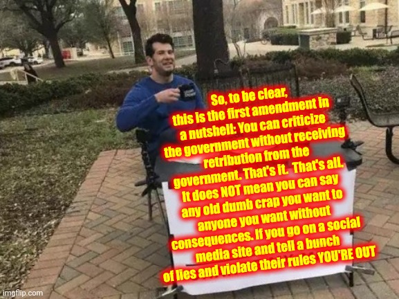 It Really Is That Simple | So, to be clear, this is the first amendment in a nutshell: You can criticize the government without receiving retribution from the government. That's it.  That's all. It does NOT mean you can say any old dumb crap you want to anyone you want without consequences. If you go on a social media site and tell a bunch of lies and violate their rules YOU'RE OUT | image tagged in memes,change my mind,lock them up,trumpublican terrorists,liars,losers | made w/ Imgflip meme maker