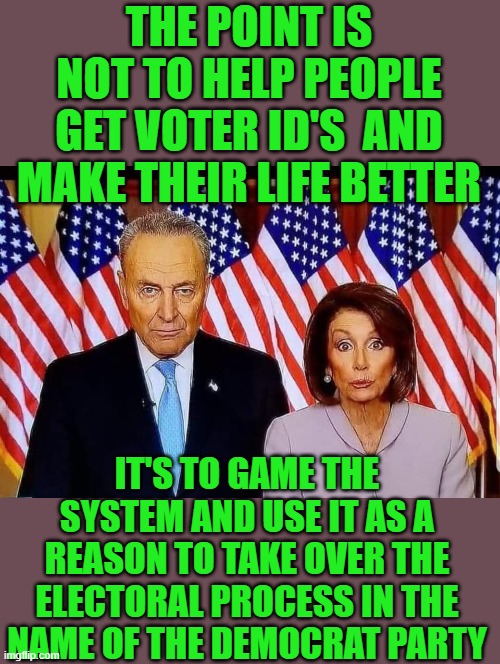 yep | THE POINT IS NOT TO HELP PEOPLE GET VOTER ID'S  AND MAKE THEIR LIFE BETTER; IT'S TO GAME THE SYSTEM AND USE IT AS A REASON TO TAKE OVER THE ELECTORAL PROCESS IN THE NAME OF THE DEMOCRAT PARTY | image tagged in chuck and nancy | made w/ Imgflip meme maker