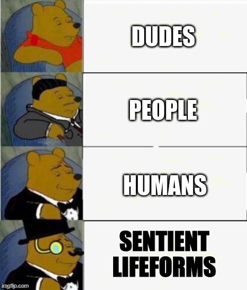 duds |  DUDES; PEOPLE; HUMANS; SENTIENT LIFEFORMS | image tagged in tuxedo winnie the pooh 4 panel | made w/ Imgflip meme maker