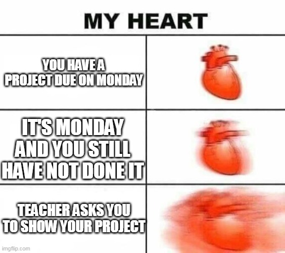 My heart blank | YOU HAVE A PROJECT DUE ON MONDAY; IT'S MONDAY AND YOU STILL HAVE NOT DONE IT; TEACHER ASKS YOU TO SHOW YOUR PROJECT | image tagged in my heart blank | made w/ Imgflip meme maker