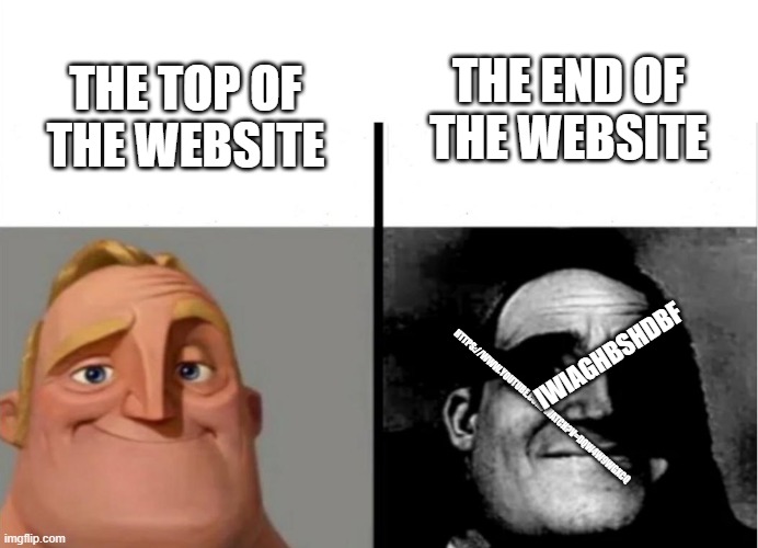 The top of the website vs the bottom | THE END OF THE WEBSITE; THE TOP OF THE WEBSITE; IWIAGHBSHDBF; HTTPS://WWW.YOUTUBE.COM/WATCH?V=DQW4W9WGXCQ | image tagged in teacher's copy | made w/ Imgflip meme maker