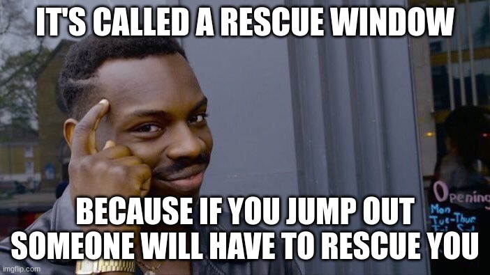 Credit to GraysonBarno for making this | IT'S CALLED A RESCUE WINDOW; BECAUSE IF YOU JUMP OUT SOMEONE WILL HAVE TO RESCUE YOU | image tagged in memes,roll safe think about it | made w/ Imgflip meme maker