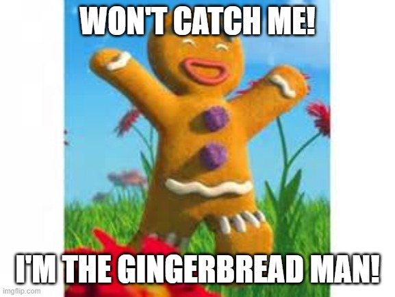 gingerbreadman | WON'T CATCH ME! I'M THE GINGERBREAD MAN! | image tagged in gingerbreadman | made w/ Imgflip meme maker