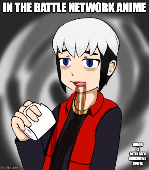 Chaud Drinking Coffee | IN THE BATTLE NETWORK ANIME; CHAUD IS OFTEN SEEN CONSUMING COFFEE | image tagged in megaman,megaman battle network,coffee,eugene chaud,memes | made w/ Imgflip meme maker