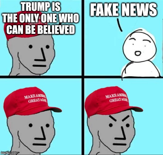 How long you going to wait till you have enough balls to admit you are stupid and was conned by a fake billionaire? | TRUMP IS THE ONLY ONE WHO CAN BE BELIEVED; FAKE NEWS | image tagged in maga npc | made w/ Imgflip meme maker