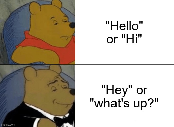 Different greetings | "Hello" or "Hi"; "Hey" or "what's up?" | image tagged in memes,tuxedo winnie the pooh | made w/ Imgflip meme maker
