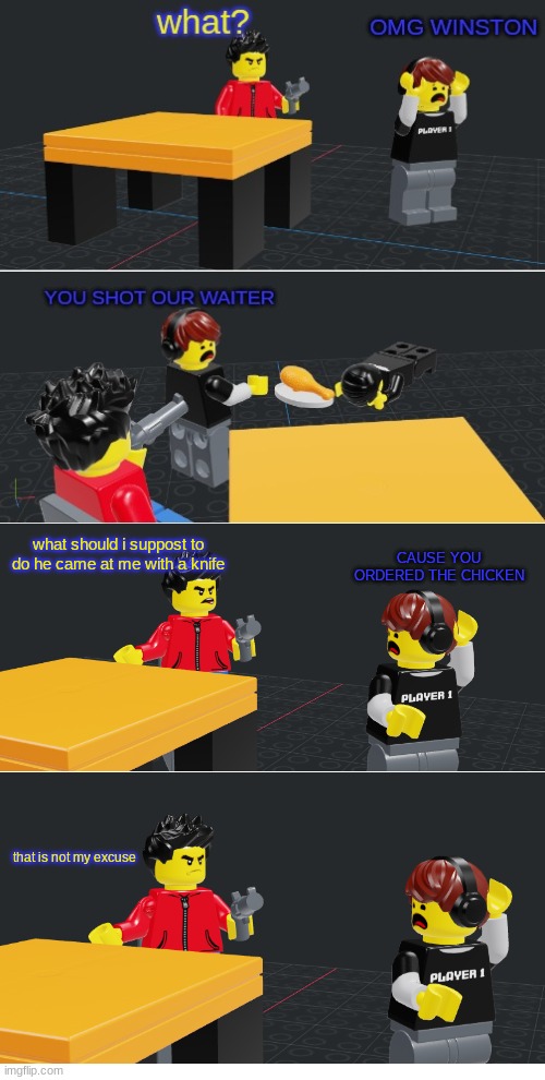 CAUSE YOU ORDERED THE CHICKEN; what should i suppost to do he came at me with a knife; that is not my excuse | made w/ Imgflip meme maker