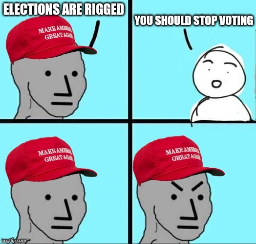 Only rigged when your guy loses | ELECTIONS ARE RIGGED; YOU SHOULD STOP VOTING | image tagged in maga npc | made w/ Imgflip meme maker
