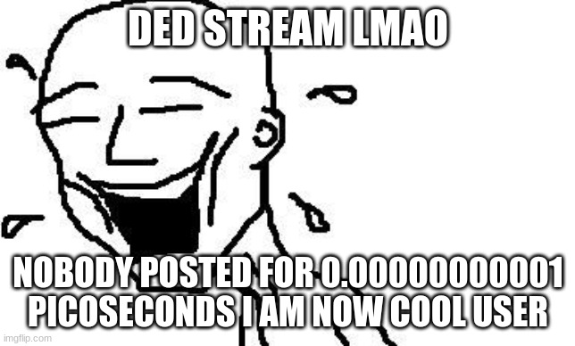 am cool now | DED STREAM LMAO; NOBODY POSTED FOR 0.00000000001 PICOSECONDS I AM NOW COOL USER | image tagged in lmao | made w/ Imgflip meme maker